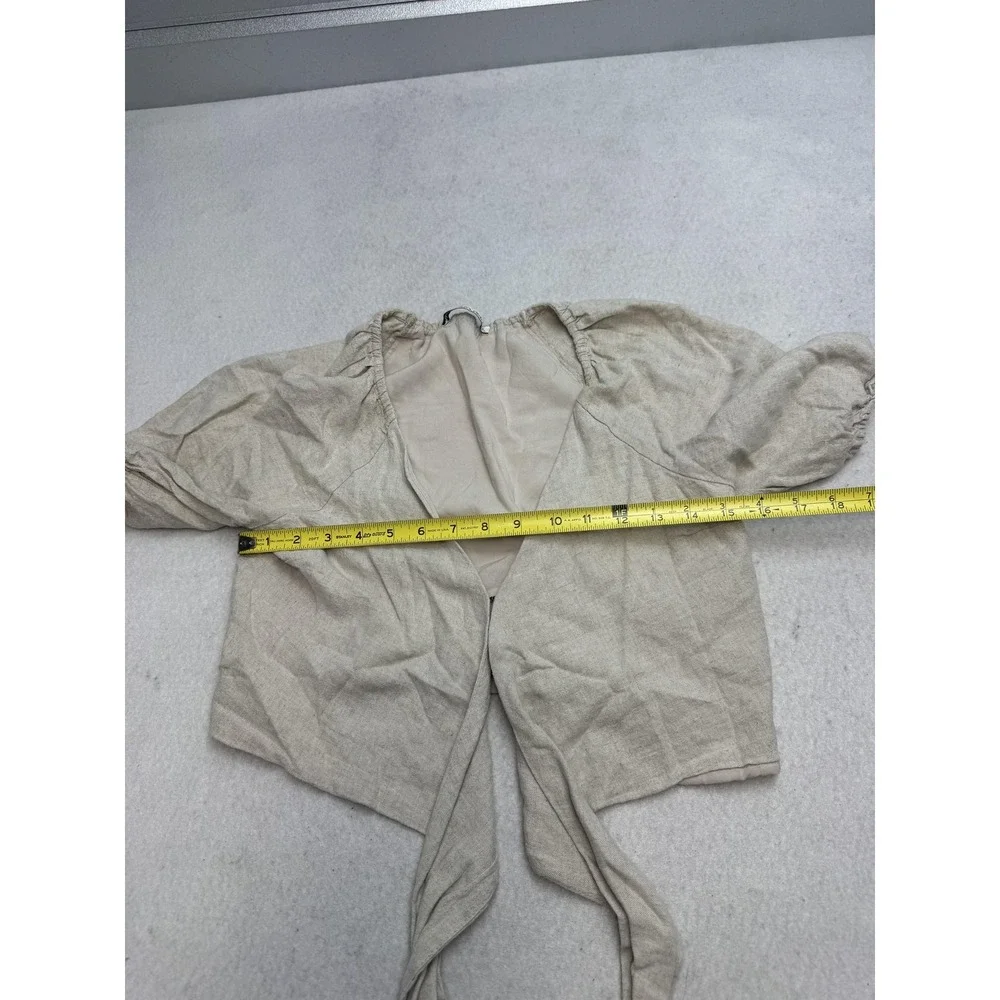 Abercrombie & Fitch Blouse Women's XS Beige Linen Blend Puff Sleeve Tie Front